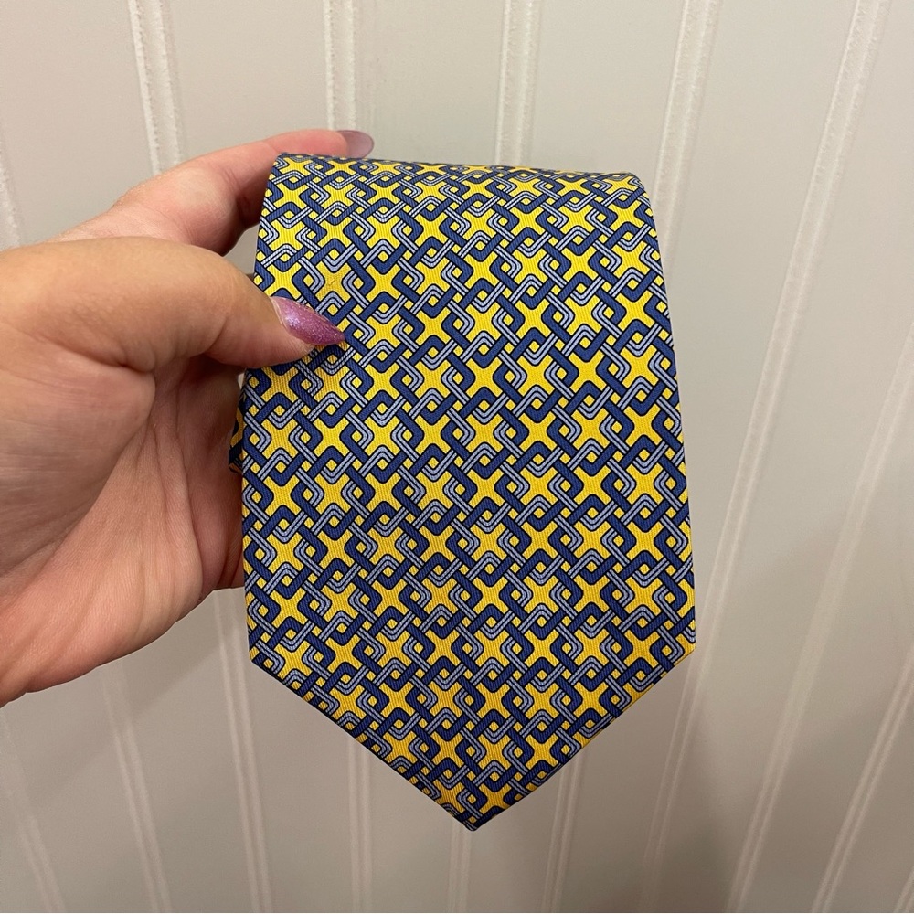 Turnbull & Asser Yellow Silk Necktie Interlocking Blue Square Print